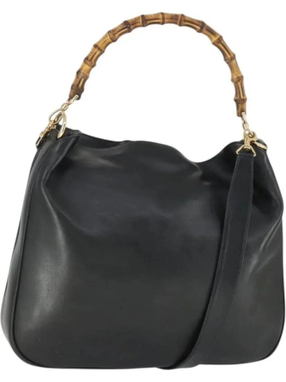 GUCCI Bamboo Shoulder Bag Leather 2way Black Gold 001 1577 Auth 166021